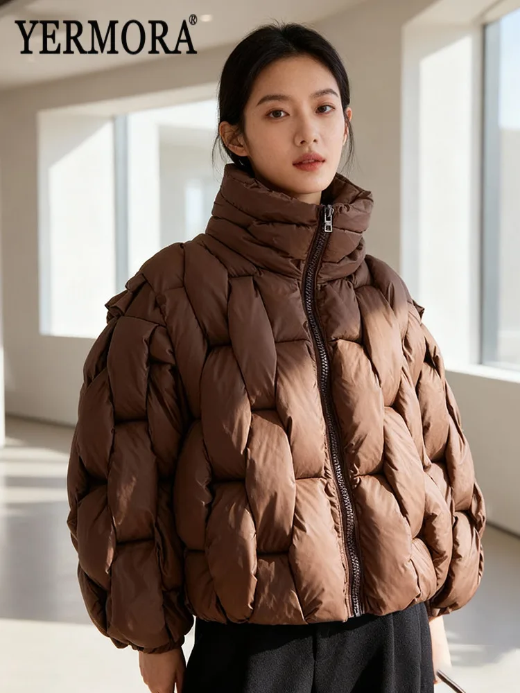 

YERMORA Coffee Weaving Big Size Warm Cotton-Padded Coat For Women Long Sleeve New Parkas Fashion Tide Autumn Winter 2025