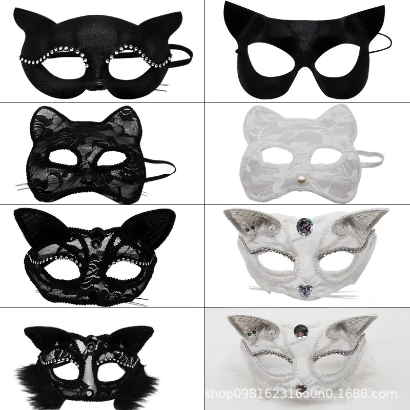 Máscara de zorro para fiesta de Halloween, máscara de ojos Sexy de encaje blanco y negro, máscara de Animal de media cara, máscara de gato de encaje erótico, máscara de Ojos de pareja