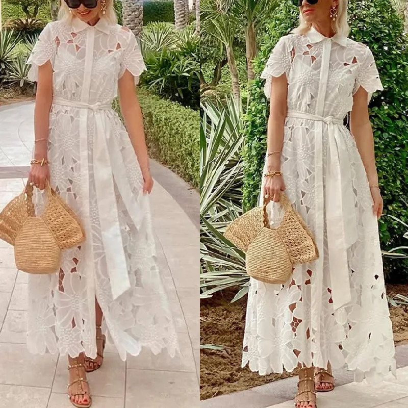 

Lapel Lace Hollow Commuter Dress Sexy Hollow Short Sleeve Single Breakdown Dress Casual Solid Color Holiday Beach Vacation Dress