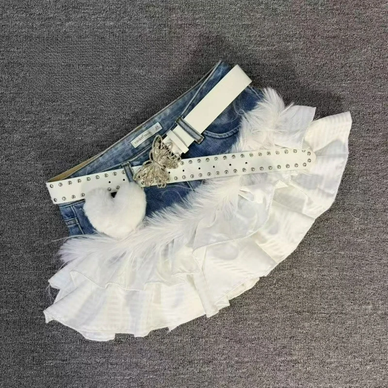 Harajuku Y2k Lolita Denim Skirt Women Vintage Sweet Plush Patchwork Ruffles Cake Mini Skirts Female Fashion Cute JK Short Skirts
