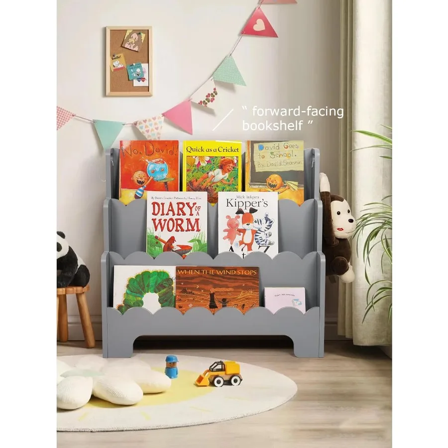 Wooden 3Tier Scalloped Bookshelf for 's Rooms FrontFacing Toddler Montessori Bookshelf Ideal for Baby Nursery Classroom and Hom