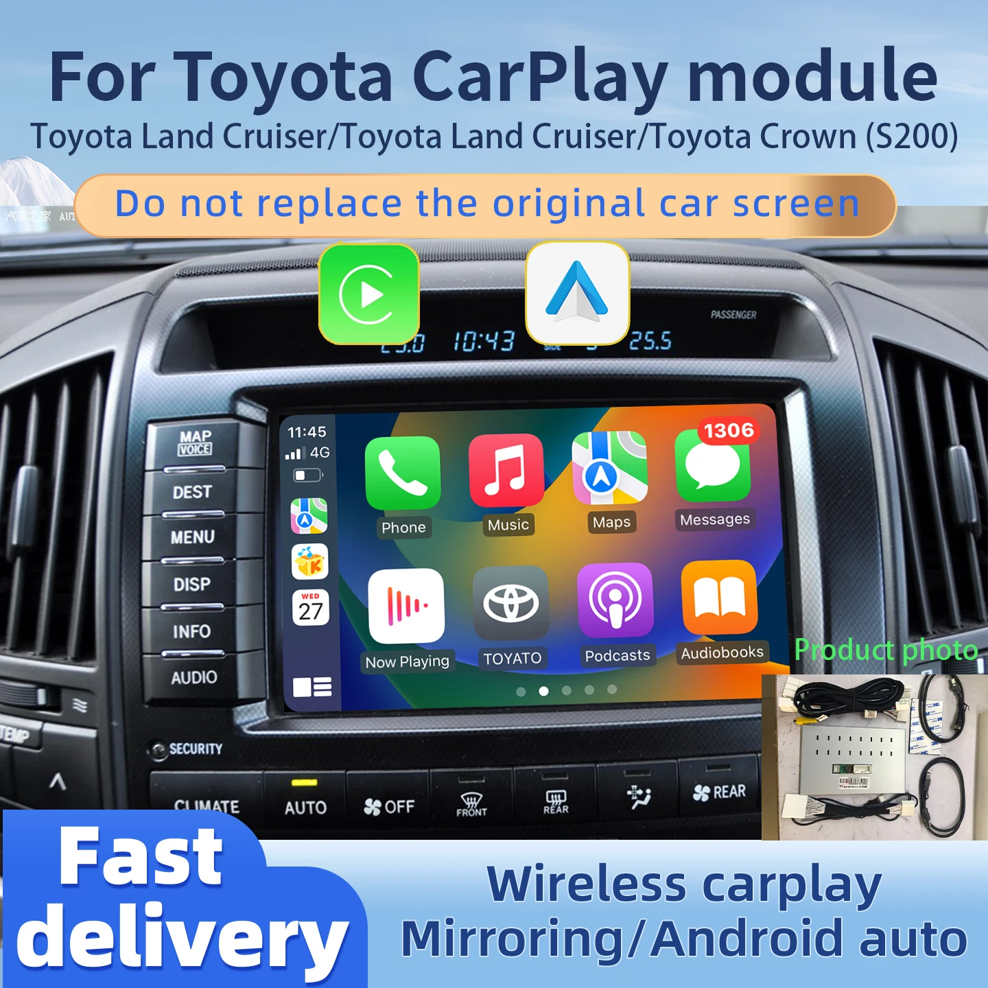 

Wireless CarPlay Module For Toyota Land Cruiser 2006-2009 Prado J150 2010-2012 Crown S200 Android Auto Car Play Decoder Box