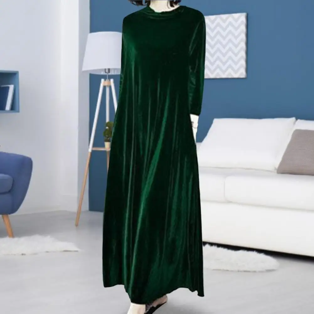 Skin-touch  Chic Autumn Women Pure Color Maxi Velvet Dress Ankle-Length Maxi Dress Pockets   Streetwear