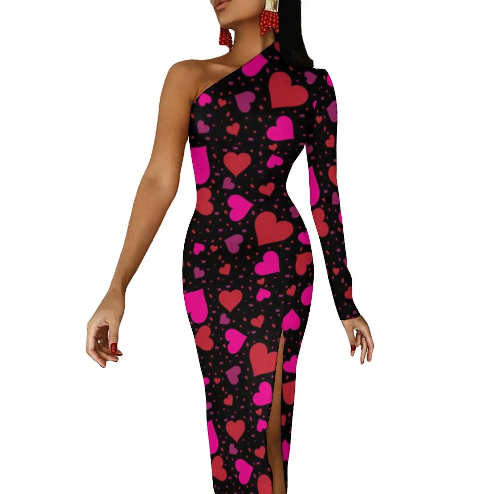 Heart Confetti Maxi Dress One Shoulder Pink Valentines Day Aesthetic Bodycon Dresses Summer Elegant Dress Female Print Vestidos