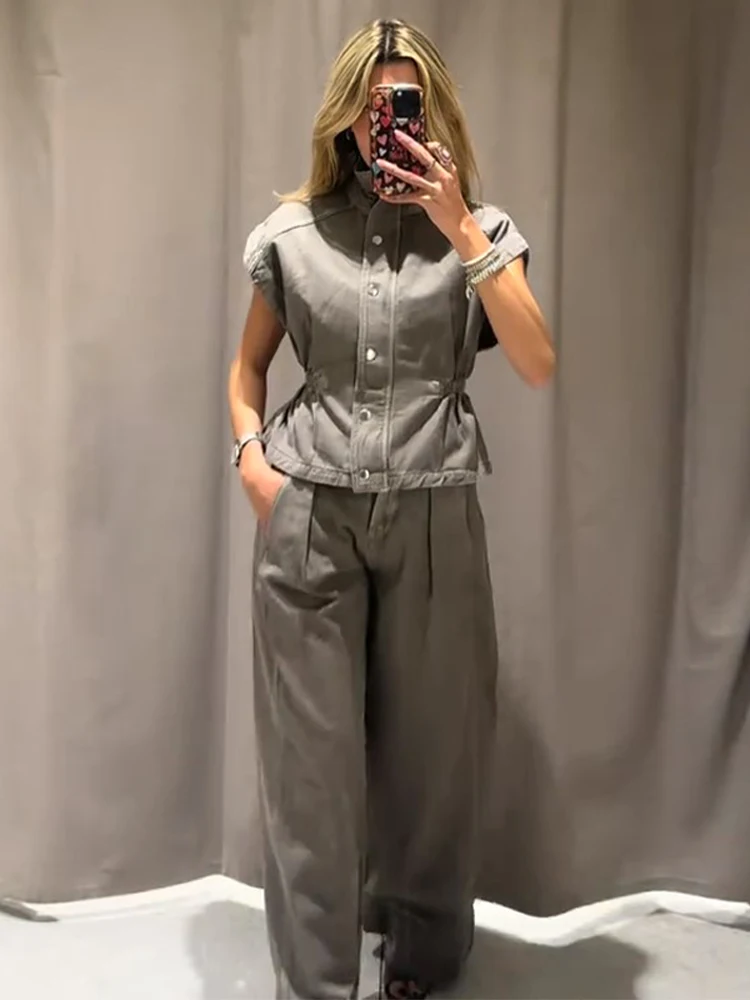 Damen-Hosenanzüge Denim Rollkragen Ärmellose Taillenbetonte Weste Hochgeschnittene Weite Hose Schicke Damen-Outfits Neue Partykleidung – Detail 15