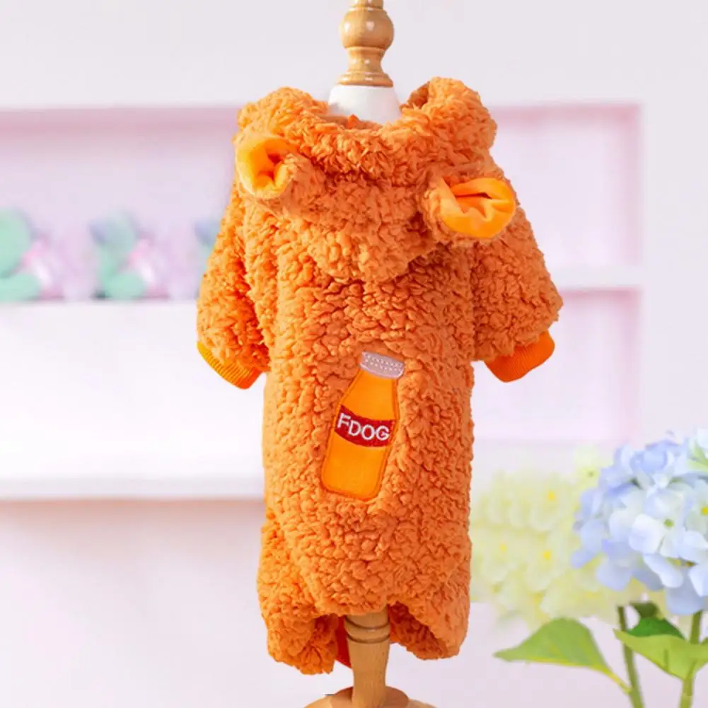 Pet Jumpsuit Hooded Pet Clothes for Weather Cozy Faux Lambswool Dog Jacket with Traction Ring Winter Padded Jumpsuit for Autumn