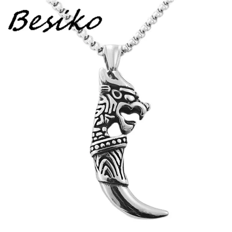 

besiko Retro Wolf Tooth Pendant Necklace Men's Stainless Steel Chain Creative Jewelry Dominant Men's Hip Hop Sweater Chain