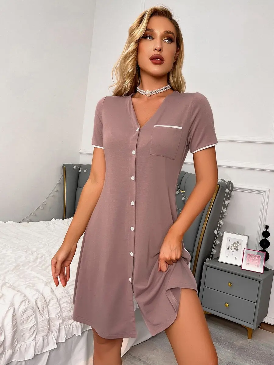 

Contrast Binding Pocket Front Night Dress With Buttons