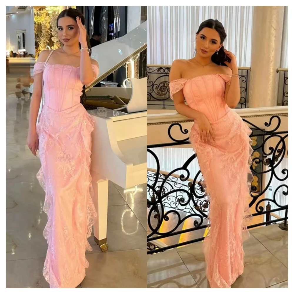 

Customized Exquisite Pink Satin Evening Dress Fashion Boat Neck Off the Shoulder Sleeveless Party Dress Delicate Celebrity Gowns