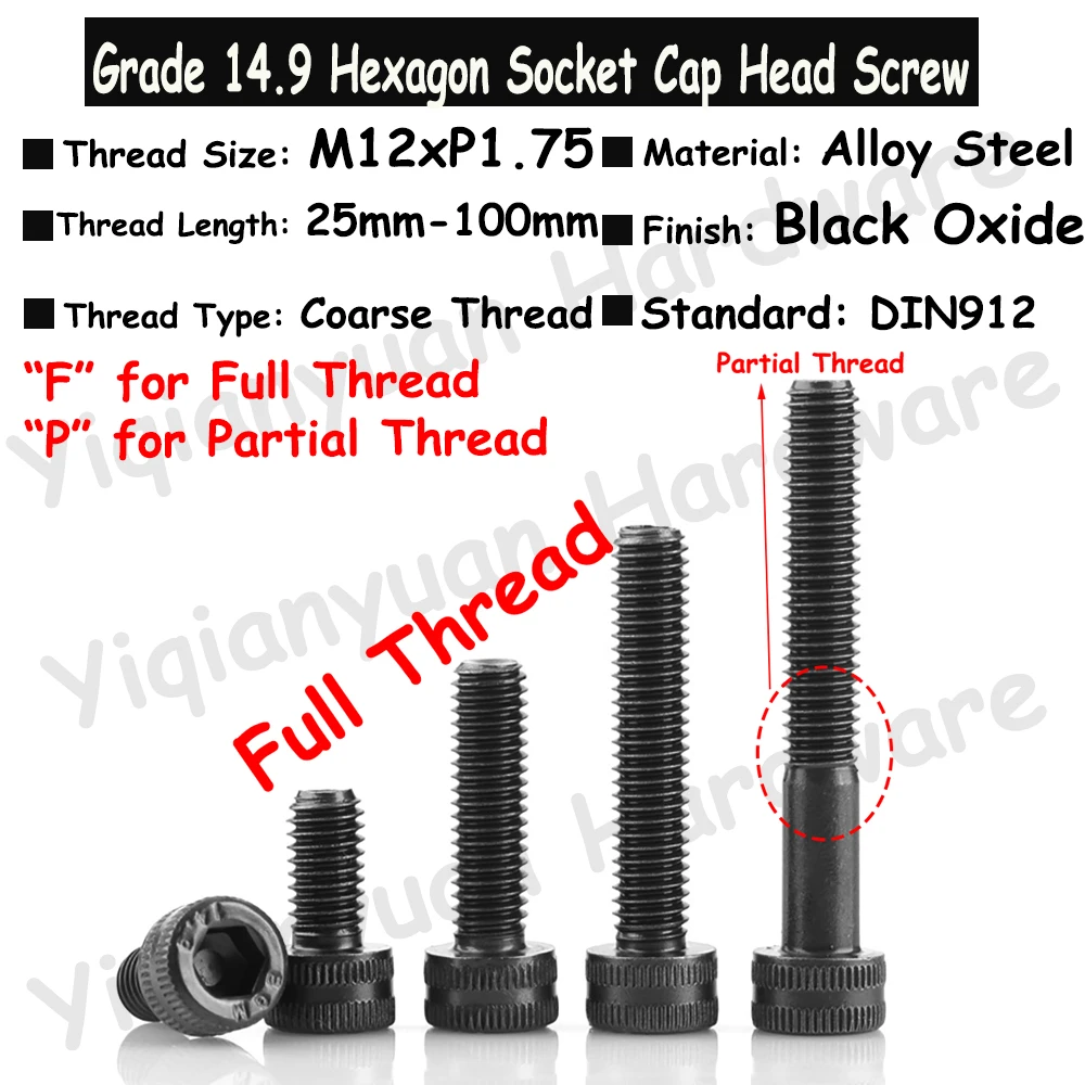 

1Piece~2Pcs M12xP1.75 DIN912 Grade 14.9 Alloy Steel Super High Strength Hexagon Socket Knurled Cap Head Screws Allen Key Bolts