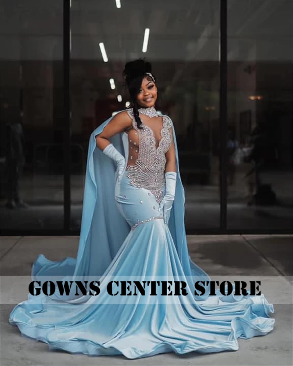 Sky Blue Velvet Sliver Crystal Beading Prom Dresses For 2024 Luxury Designer Party With Cape Mermaid Black Girls Customized