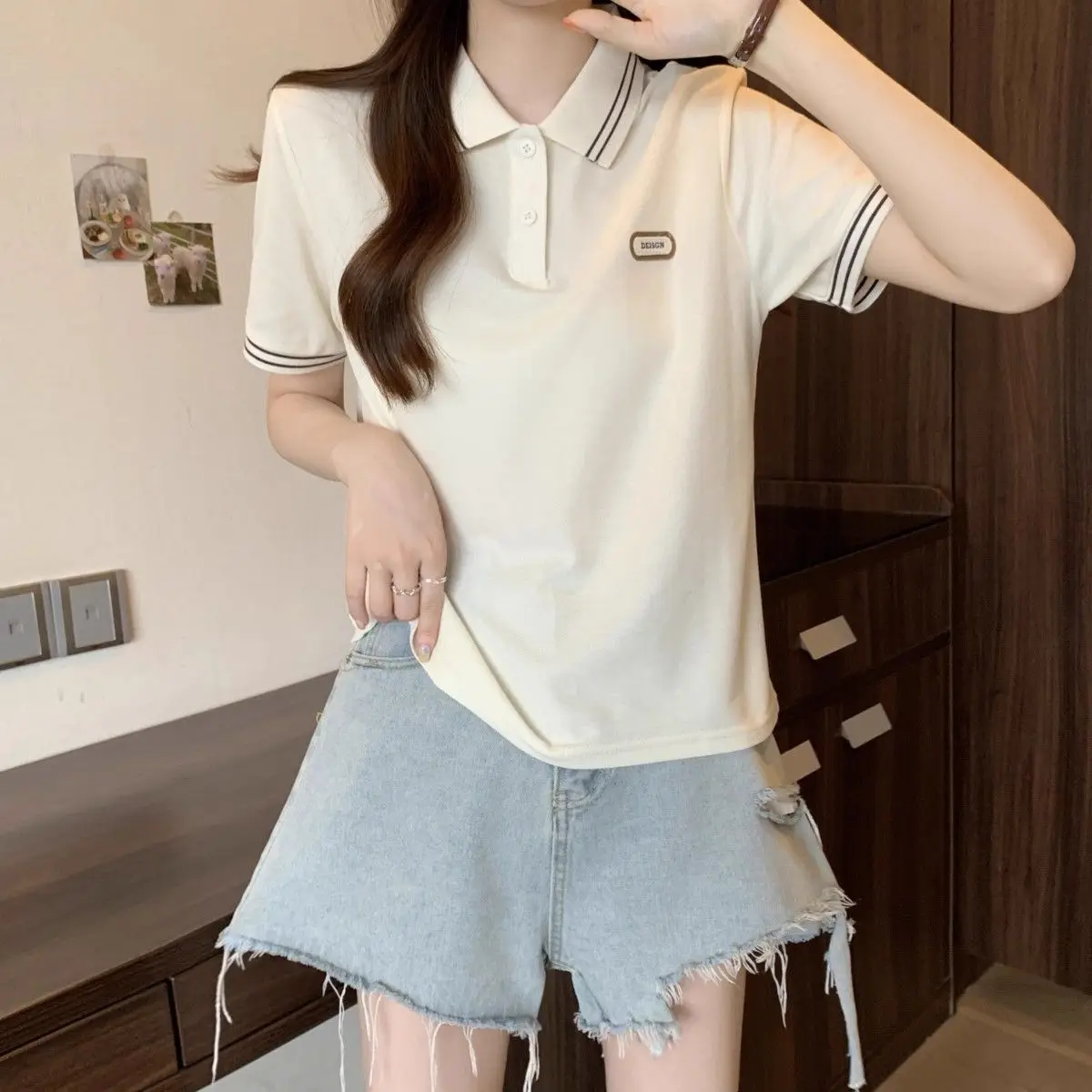 

POLO Collar Bottom Shirt Summer Short Sleeve College Style Age Reducing Hundred Top Soft Solid Color Loose
