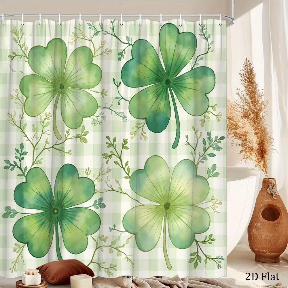 Green Floral Clover Pattern Shower Curtain Waterproof Bathroom Decor Bathroom Curtain Tile Printed Farmhouse Greenery Green Bath