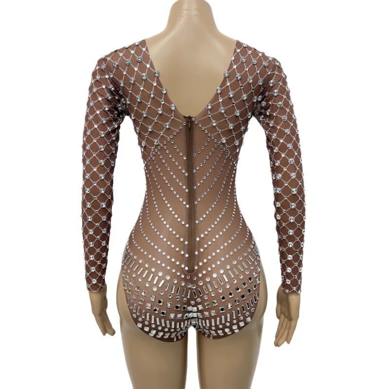 Shining Rhinestones Mesh Leotard Sexy Transparent Bodysuit DJ Dancer Pole Dancing Costume Bar Nightclub Performance Stage Tight