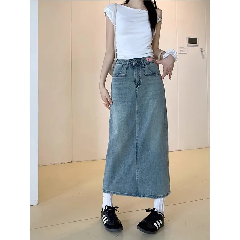 Koreaanse vrouwen hoge taille split denim rok modieuze veelzijdige a-lijn rok hip knuffelen rok 2025, zomer nieuwe casual rok