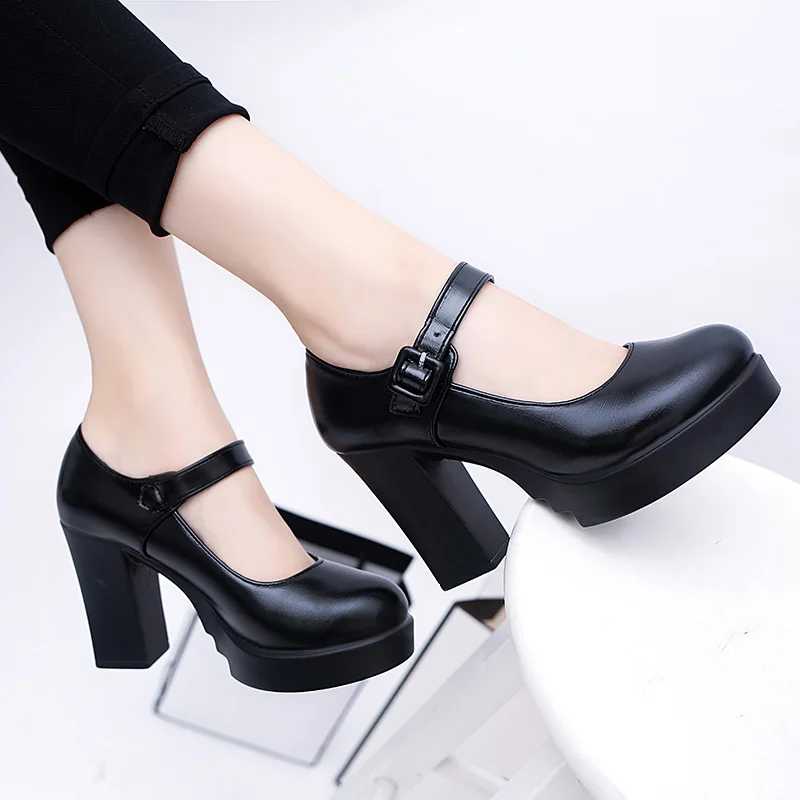 2024 New Fashion Women\'s Shoes Solid Color High Heels Thick Sole Shallow Mouth Buckle Shoes Women\'s Round Toe Shoes High Quality