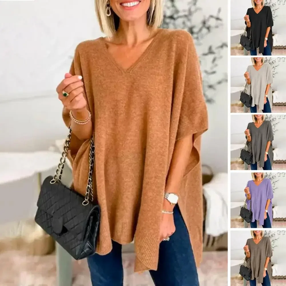 

Women Fall Winter Sweater Irregular Hem Loose V Neck Pullover Sweater Soft Knitted Thick Warm Cape Style Lady Sweater