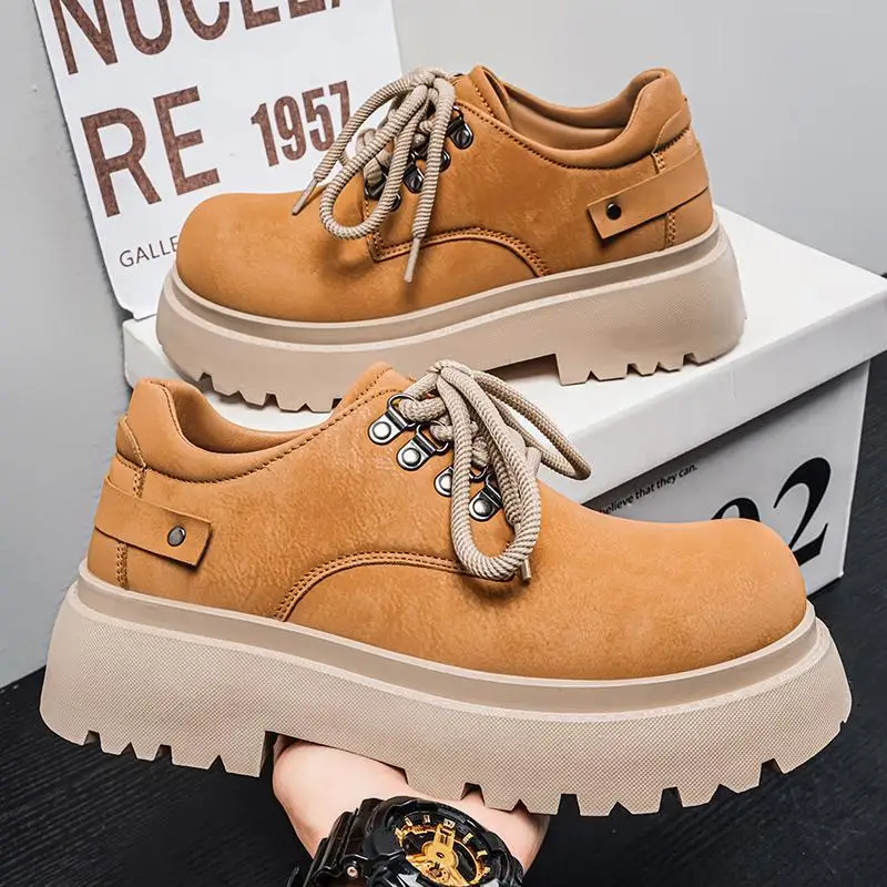 2026 Spring and Autumn Round Head Lace Middle Heel Fashion Small Leather Shoes Men's Shoes Big Head Casual Work Shoes，39-43