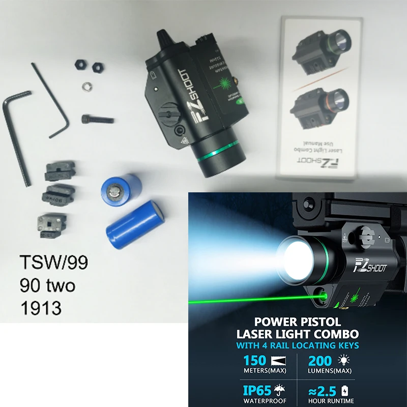 

EZshoot 200 Lumen Tactical Flashlight LED Light Green Laser Combo with 4 Rail Locating Keys for Pistol Handgun Picatinny