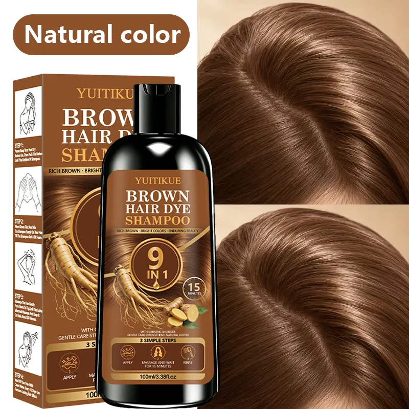 YUITIKUE 9 in 1 Brown Hair Dye Shampoo 100ml Ginseng Ginger Herbal Color Nourishing Care for Women Men - view 6