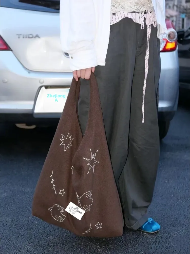 

Милая вышитая птица, сумка на одно плечо, большая вместительная сумка-тоут, молодежная модная сумка с открытым верхом для студентов