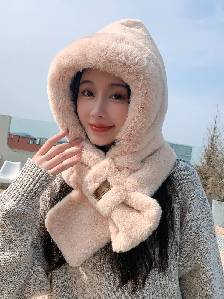 Scarf Hat Integrated Adult Style Autumn and Winter Warm Plush Thickened Imitation Rabbit Fur Cute Ear Protection Couple Style