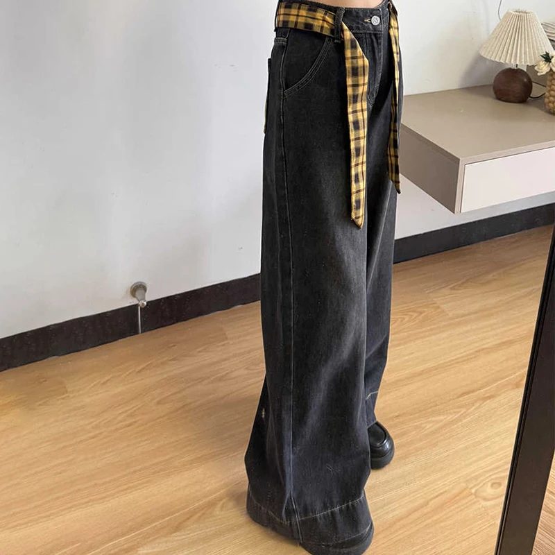 아메리칸 스타일 블랙 그레이 스트레이트 청바지 여성 여름 새로운 격자 무늬 붕대 높은 허리 넓은 다리 데님 바지 스트리트웨어