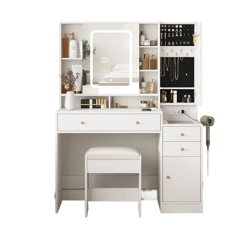 

Dressing table with mirror and light, built-in charging station, dressing table with 3 drawers, large capacity dressing table