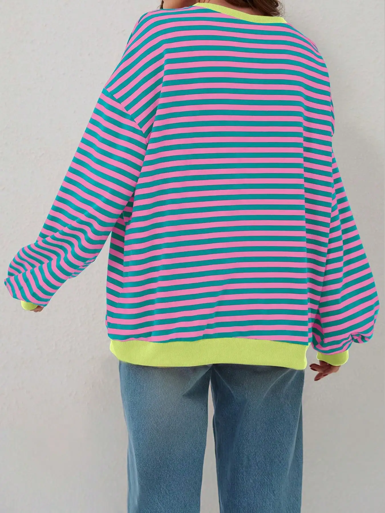 Grote maten gestreepte print Contrasterende binding DropShoulder Sweatshirt Casual trui met ronde hals en lange mouwen