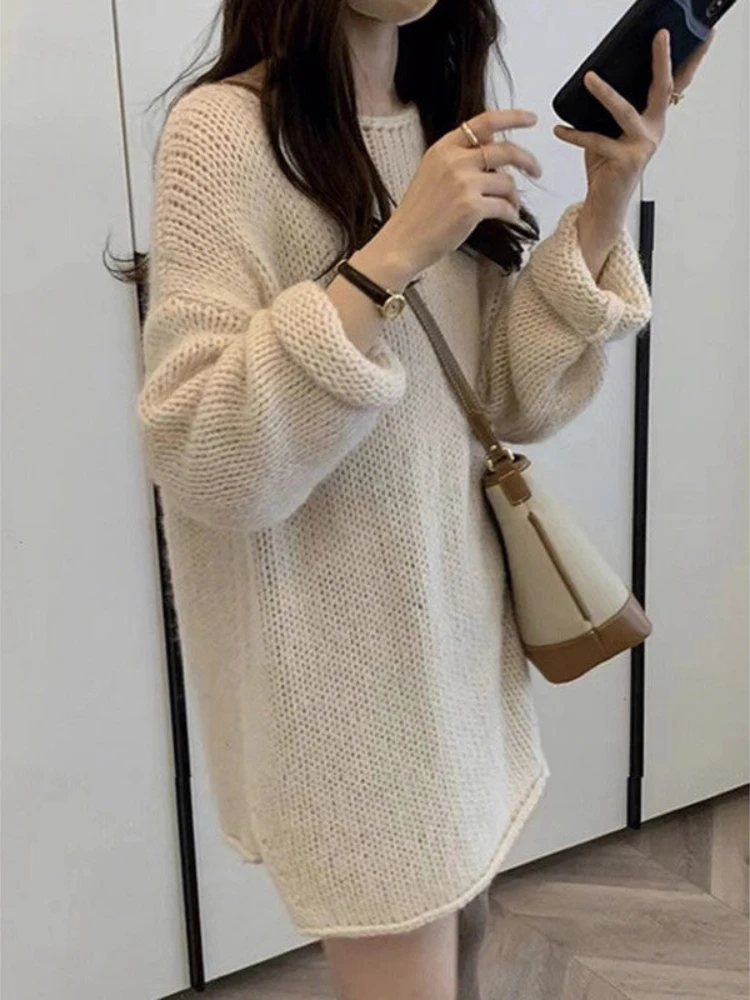 Ladies Pullovers Long Slit Round O Neck Women\'s Knit Sweater Loose Off-white Korean Style Fall New Knitwear Aesthetic Outerwears