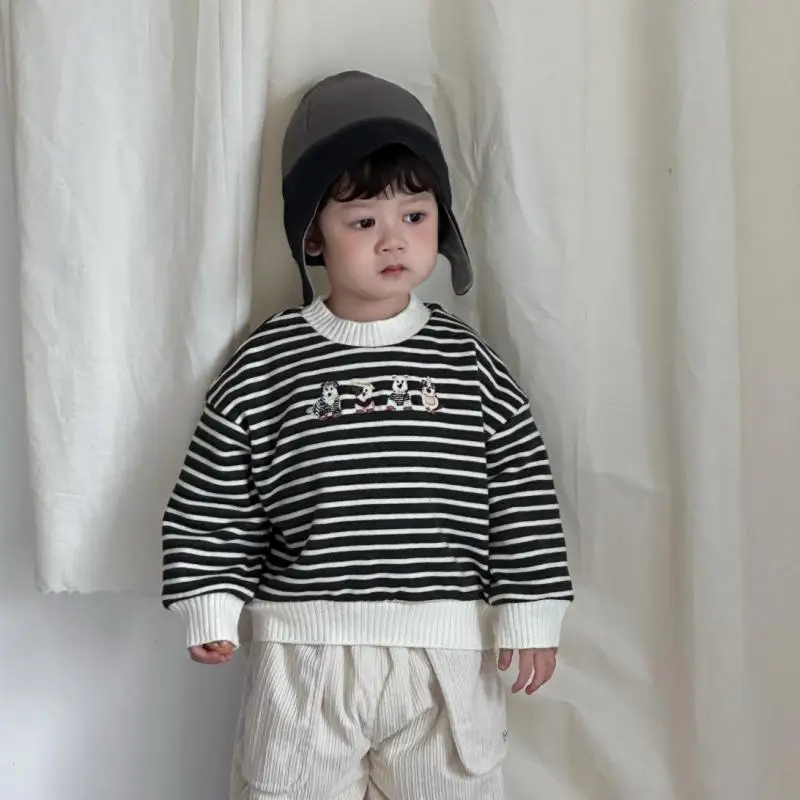 

Boys Girls Plus Velvet Thick Pullover Infant Toddler Cute Cartoon Tops 2025 Winter New Baby Fleece Striped Sweatshirt Cotton