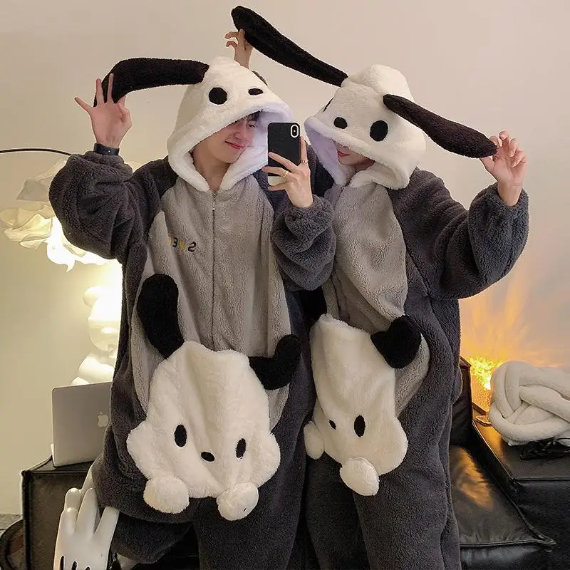 Anime Sanrios Cartoon Plush Pajamas Kawaii Kuromi Creativity Couple Hooded Nightwear Suit Winter Boys Girls Conjoined Homewear