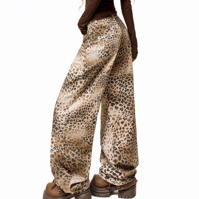 American Retro Leopard Print Women's Jeans Autumn Winter Jazz Sweet Cool Hot Girl Loose Versatile Straight Wide-Leg Pants Girl
