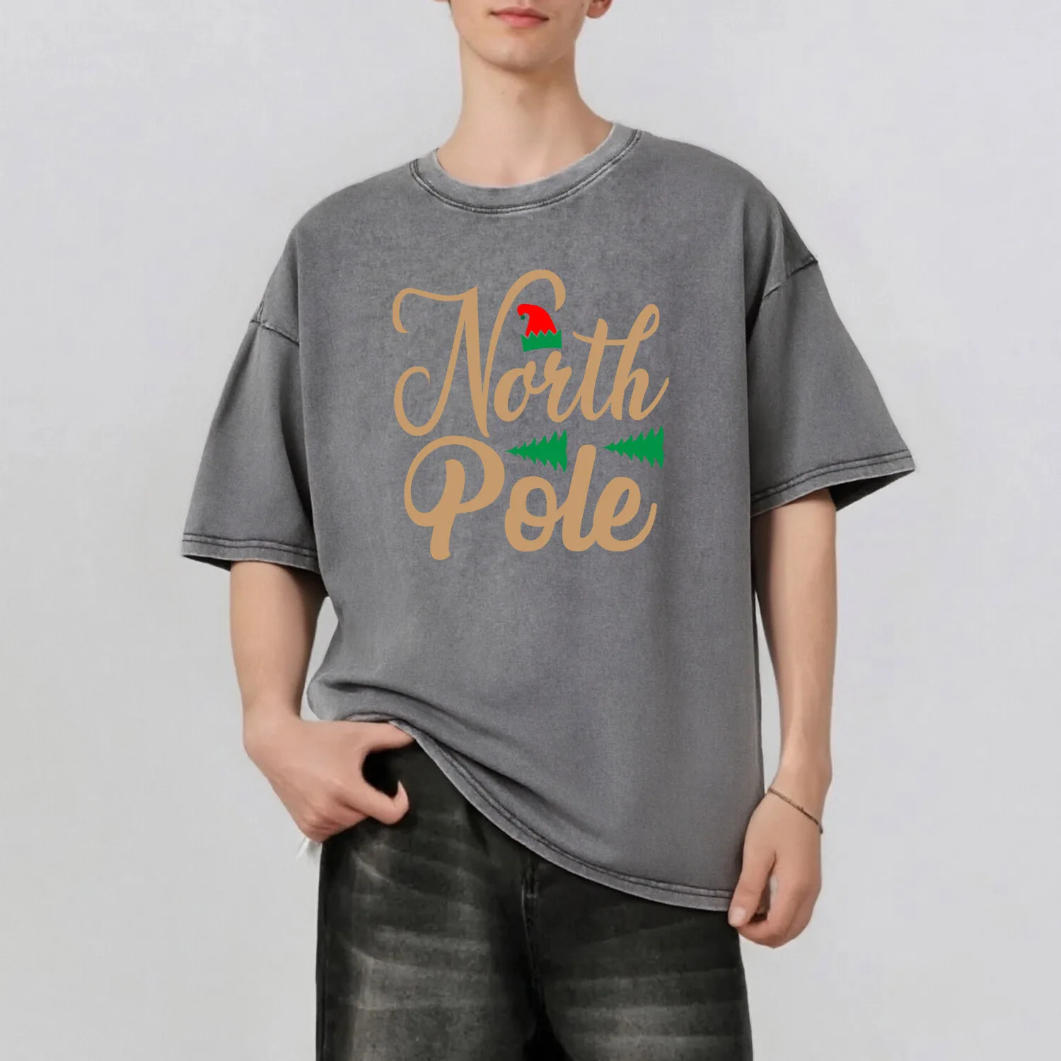 

Christmas Words Graphic Printing Men's Summer Retro Style Washed Water T-Shirt Casual Short Sleeved Basic Men's Top 230G