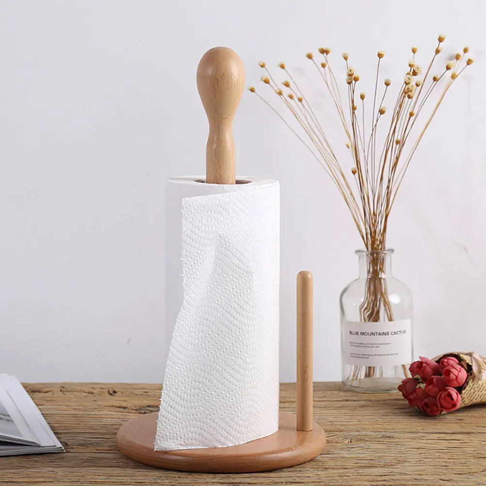 

Wooden Roll Paper Holder Vertical Rack For Kitchen Bathroom Toilet Space Saving Detachable Design Tissue Storage Holder Table