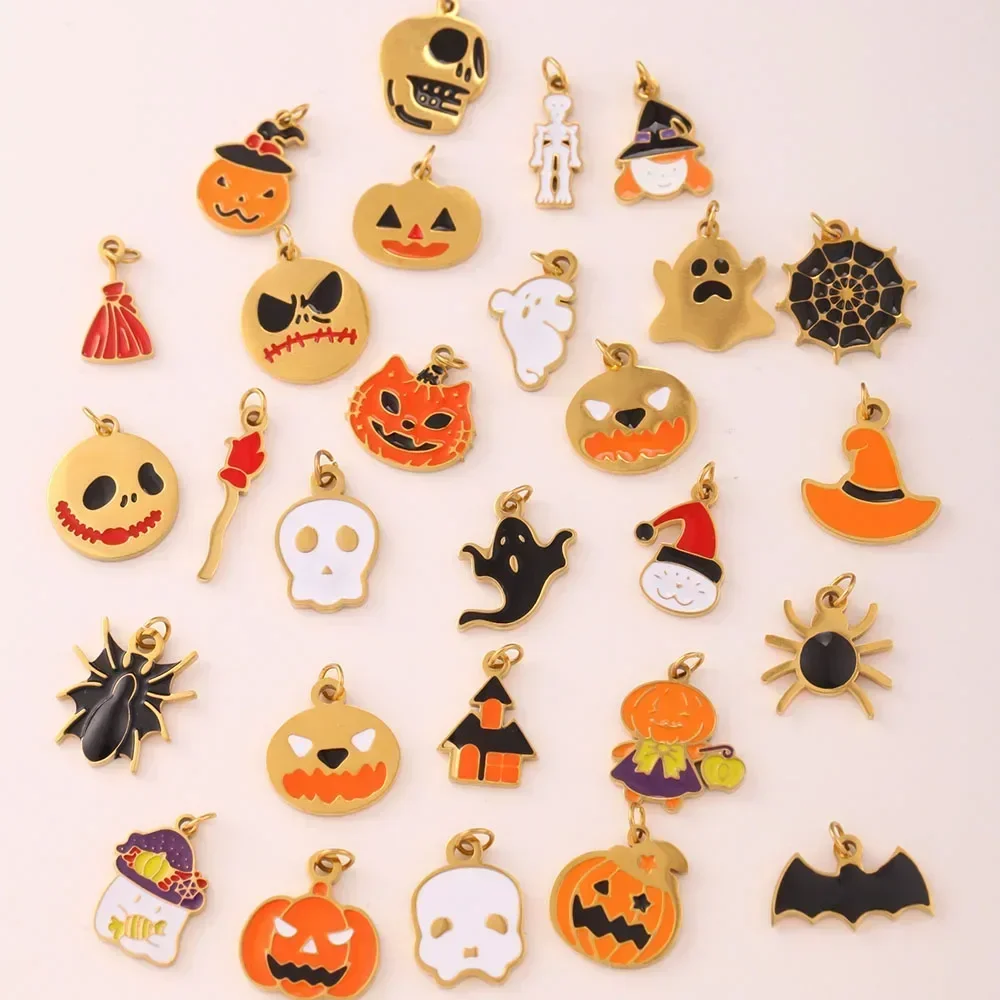 100pcs Gothic Pumpkin Ghost Bat Enamel Charm for Jewelry Making Halloween Stainless Steel  Pendants for DIY Jewelry Wholesale