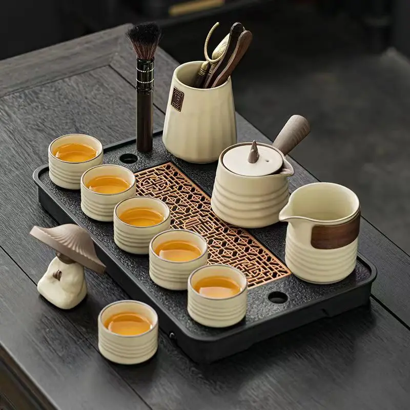 

Beige Ru kiln Kung Fu tea set set light luxury high-end office reception ceramic home side handle teapot