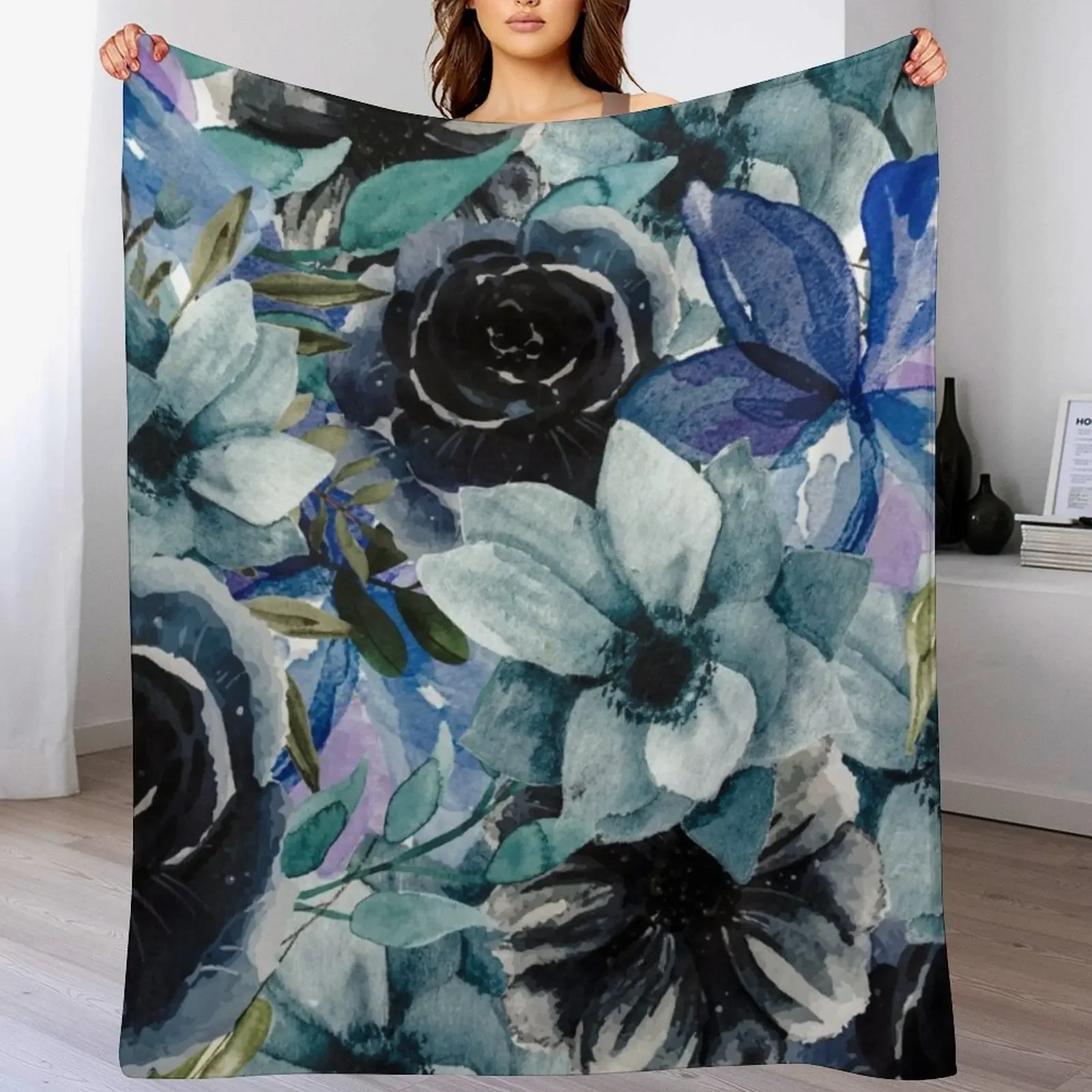 

Dark Blue Watercolor All Over Floral Pattern Throw Blanket Decorative Throw Thin anime Multi-Purpose Blankets