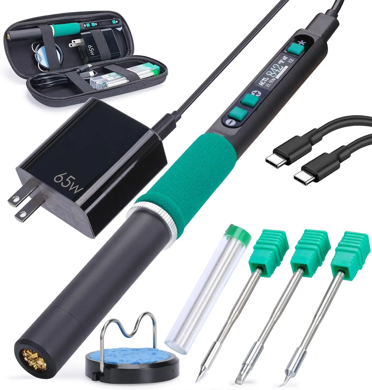 

928D-IV Soldering Iron Pen Kit, 65W DC, Type C, Portable with 3 Tips & Solder Wire