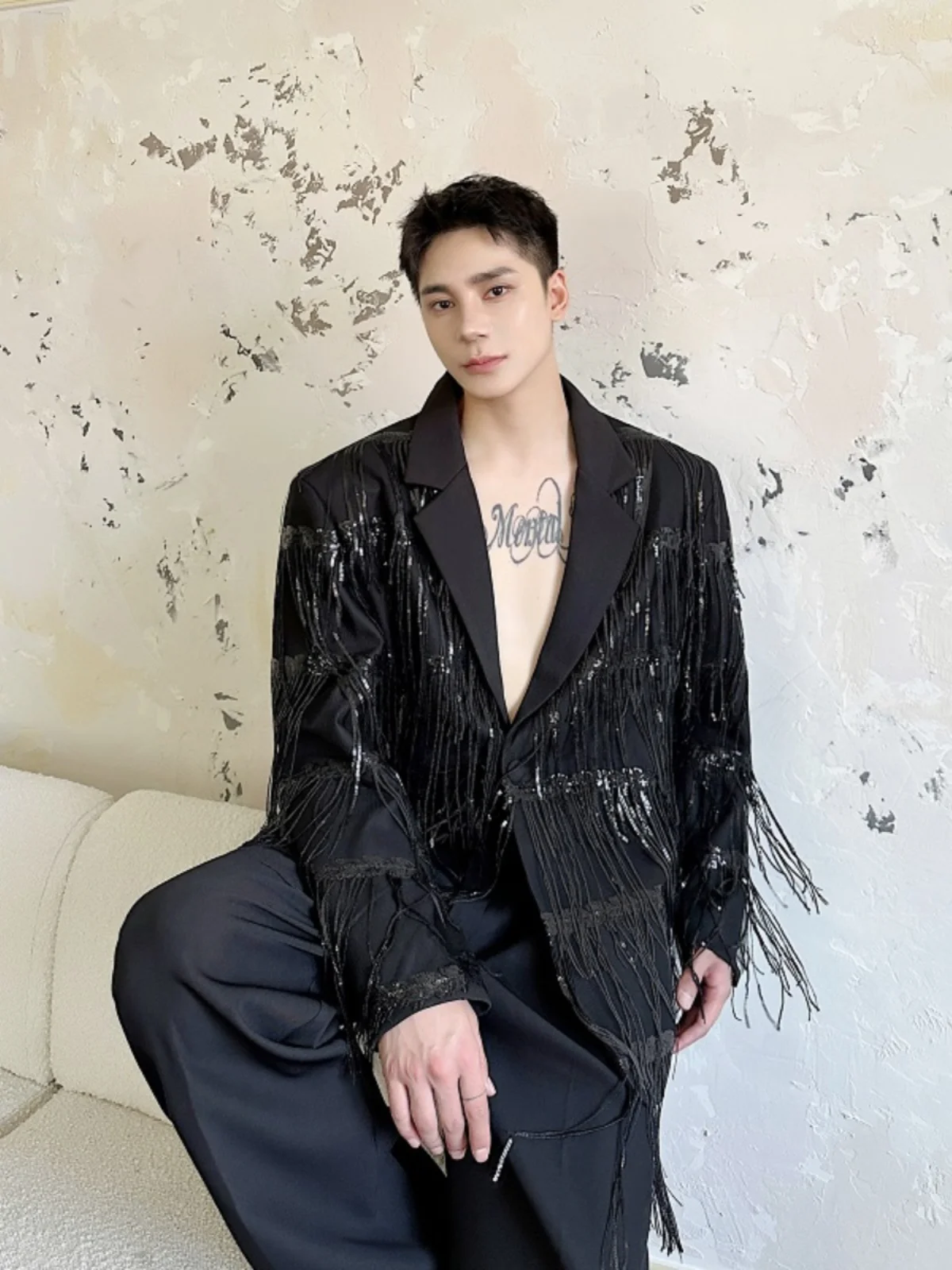 

Casual Double Layer Me Design Lantern Sve Sequin Men's Performance Suit Jaet Loose Fit Youthful Trend Long Sve Butt...