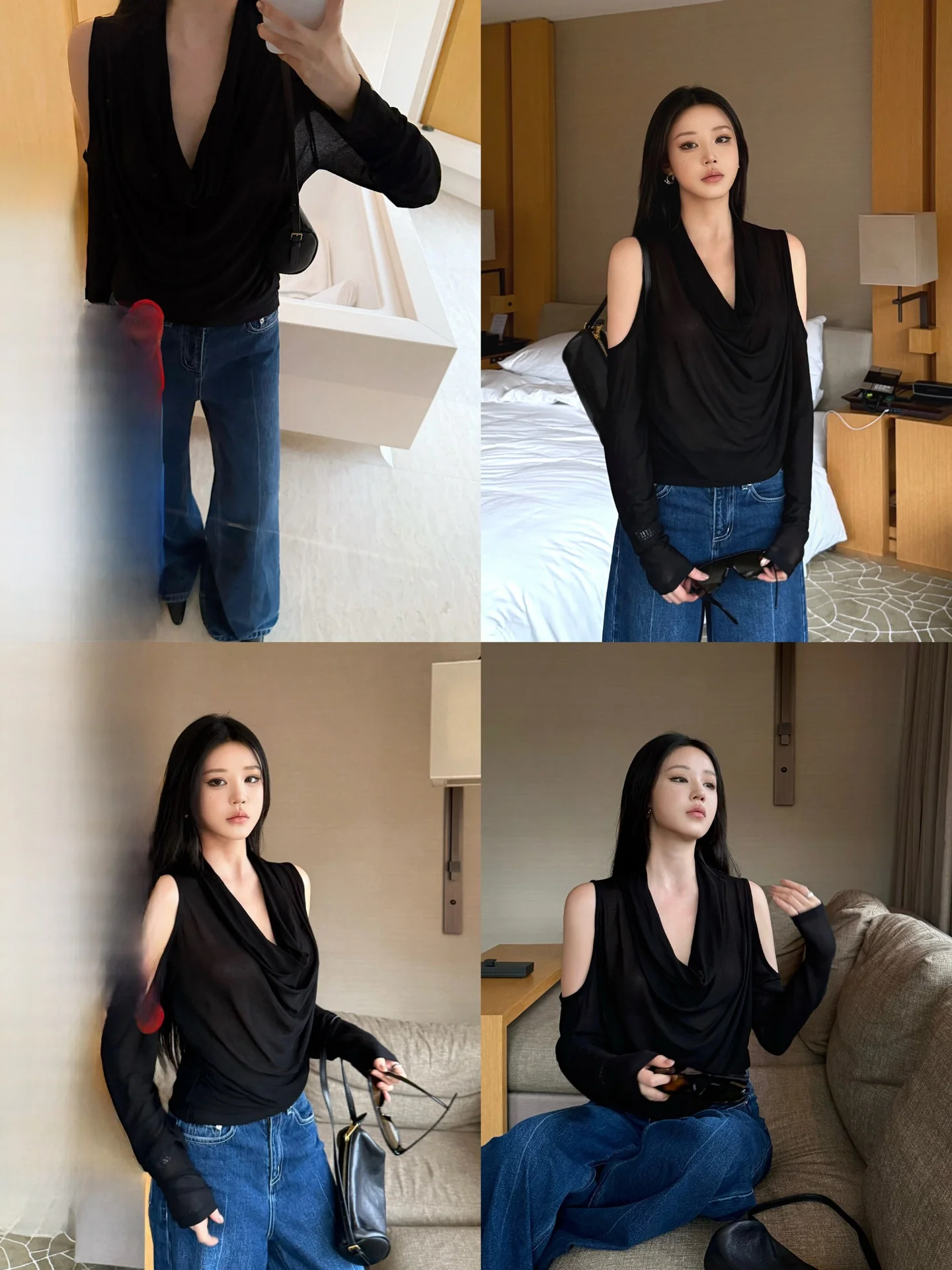 

BULENG Long Sve V-Ne oulder Bared Pleated Acetate Top Women's Design Sensation Casual Sle Slim Fit Knitted T-irt