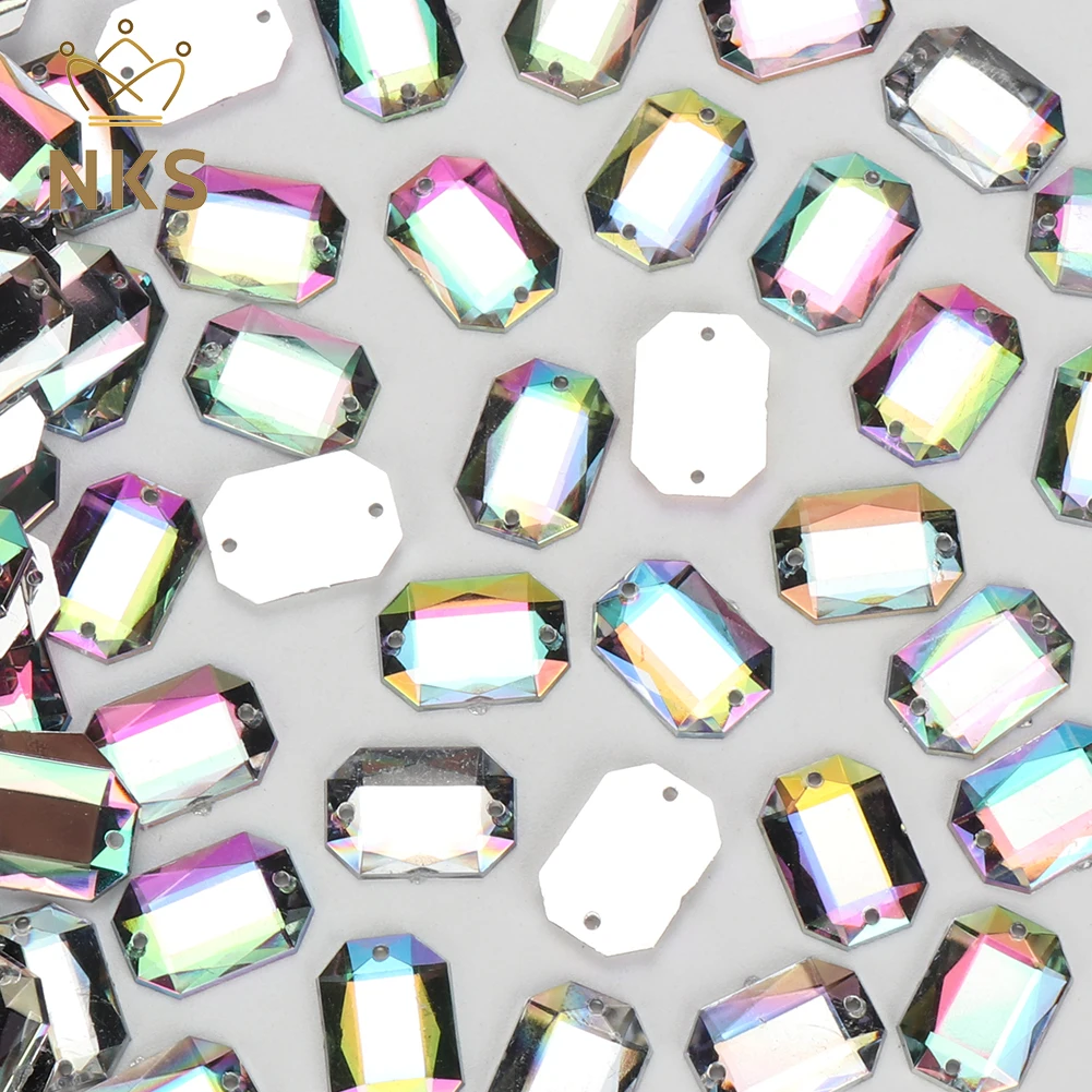 NKS 100pcs 10*14mm Sew On Crystal AB Rectangle Rhinestone Sewing Faltbak Acrylic Rhinestone For Clothing Accessories Bags Shoes