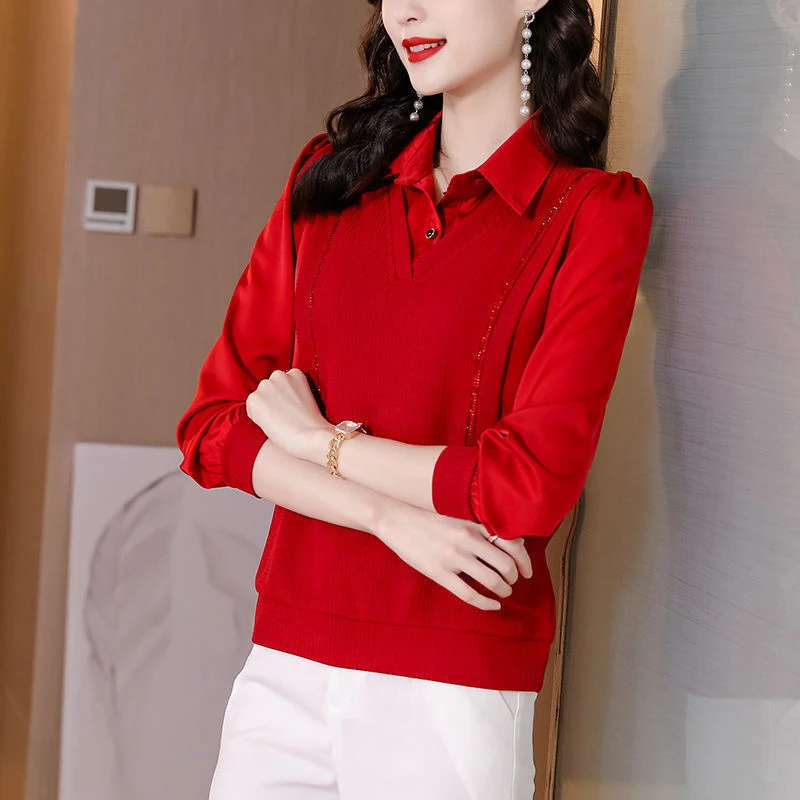 Korean Elegant Chic Rhinestones Patchwork Office Ladies Fake 2 Piece Tops Casual Black Red Loose Lapel Long Sleeve Blouse Shirts