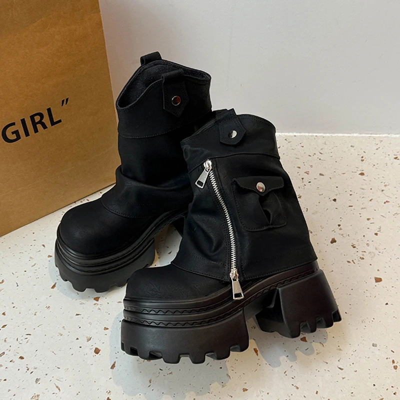 منصة عالية الكعب الأحذية النسائية مصمم أحذية من الجلد الشتاء البريدي تشيلسي أحذية بوت قصيرة 2025 الاتجاه دراجة نارية الأحذية امرأة مضخات #3