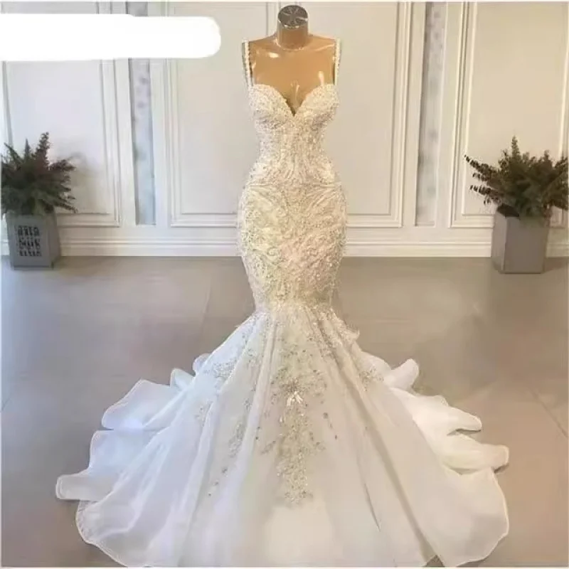 New African Bridal Mermaid Wedding Dress Fishtail Pearl Embroidery Lace Tube Tops Strap Lace-up Wedding Dress Summer