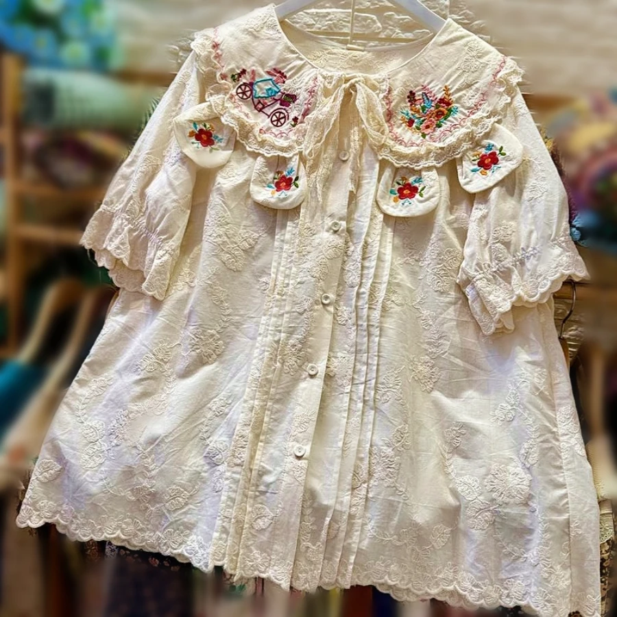 

Summer Mori Girl Cotton Floral Embroidery Short Sleeve Tunic Shirt Vintage Retro Chic Sweet Kawaii Lolita Chubby Babydoll Blouse