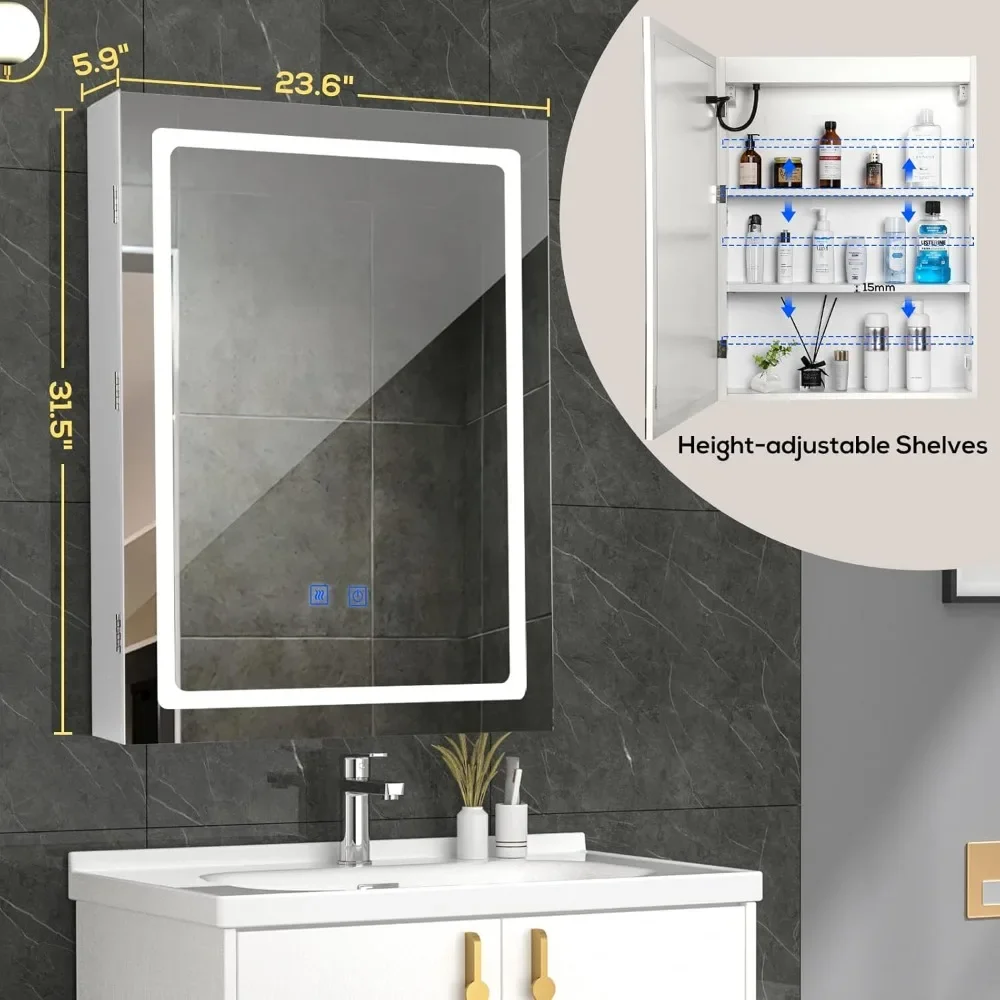 Bathroom  Cabinet with LED Lights and Mirror, Wall Mounted Mirror Cabinet with Adjustable Shelf, Defogger