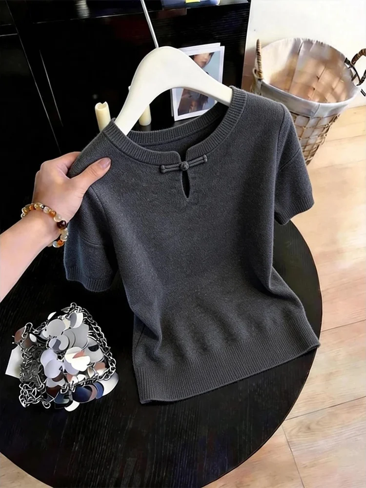 

Large Size Women's T-Shirt Chinese Style Button Hollow out Short Sleeve Breathable Summer High End Unique Top for Commuting