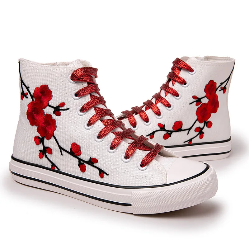 Women Embroider Flower Canvas Short Boots Female Sneakers High Top Lace Up Zipper Open Students Casual Shoes Plus Size 34-43