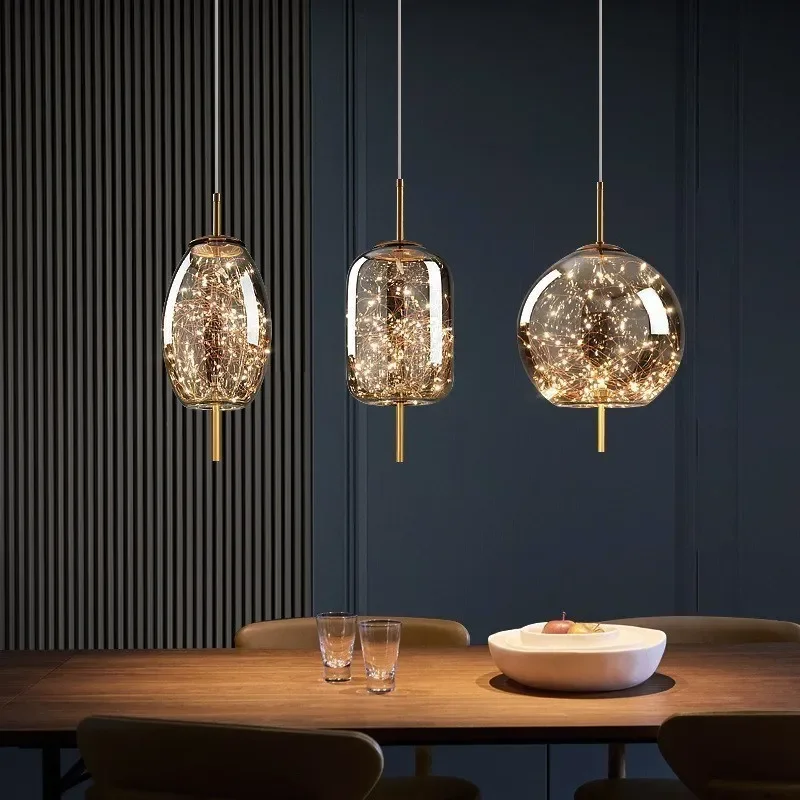 Nordic Net Red Bedside Chandelier Light Luxury Long Line Personality Art Full Of Stars Hotel Bar Glass Home Decor Pendant Light